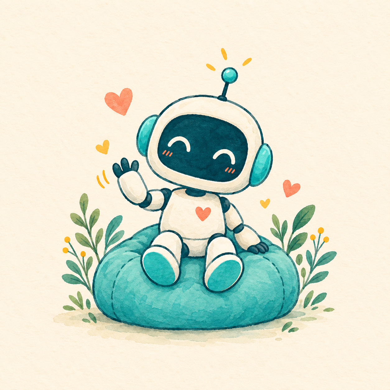 Le robot d’IC salue, assis sur un pouf, entouré de cœurs et de plantes