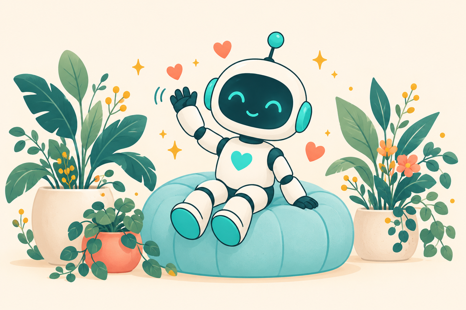 Un robot amical salue, assis sur un pouf entouré de cœurs et de plantes